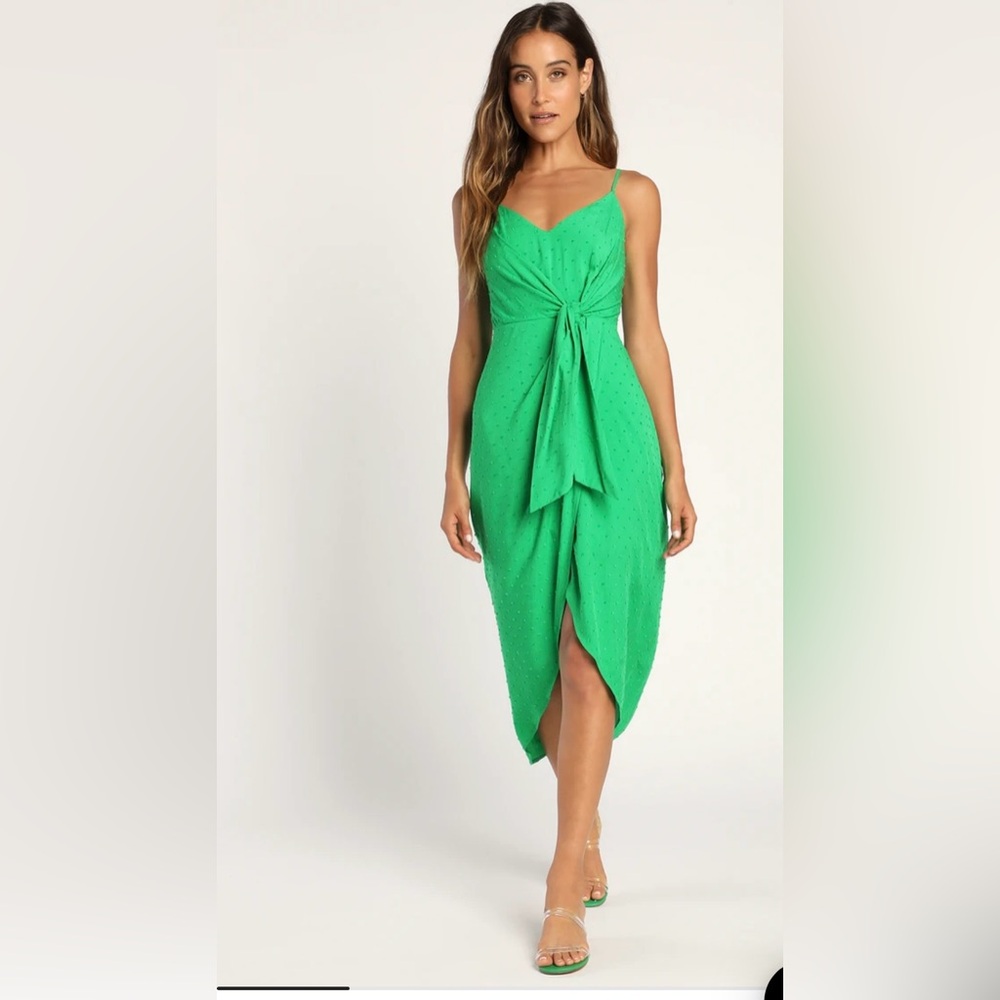Lulus Green Swiss Dot Tie-front Tulip midi dress brand new size S